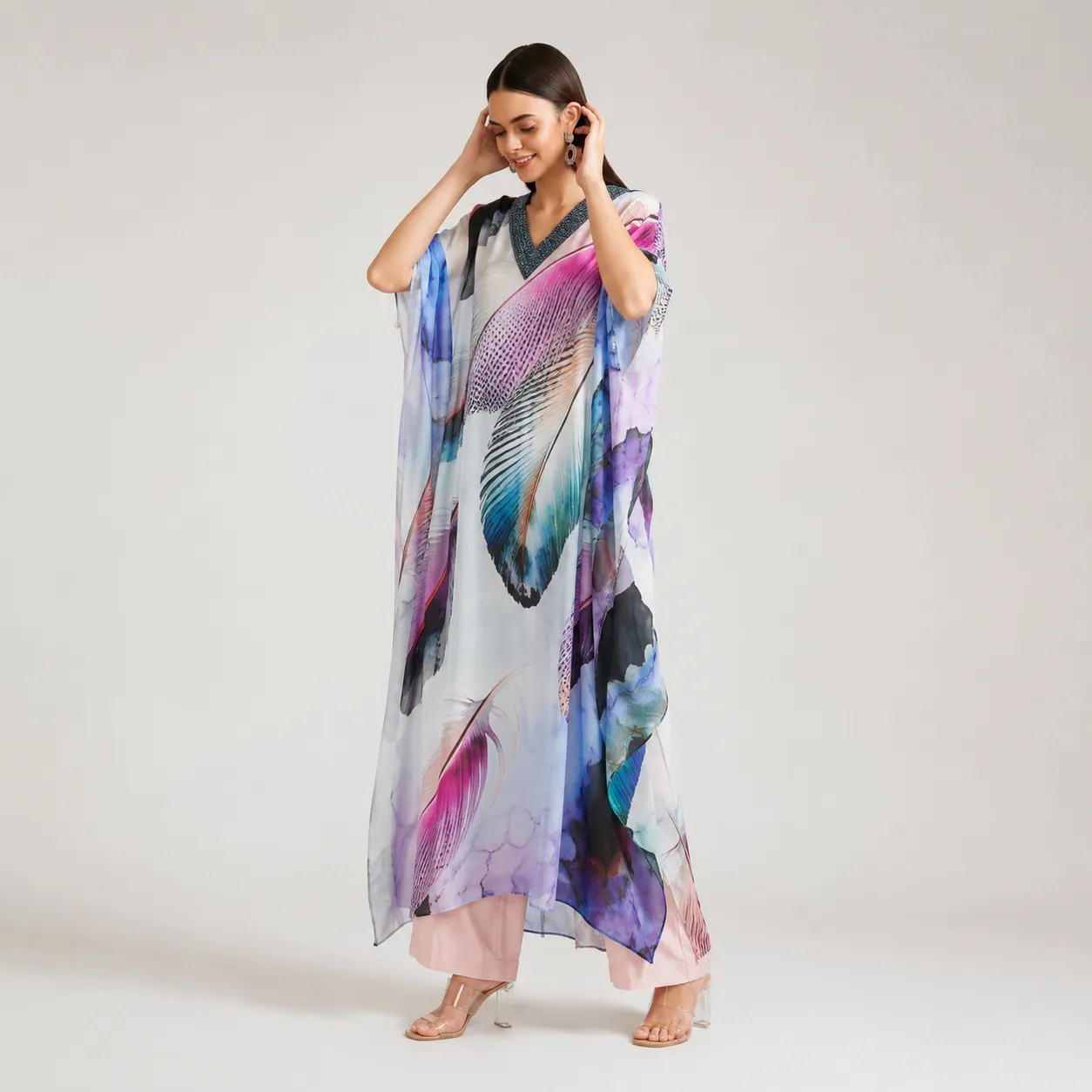Women's Abstract Feather Print Long Kaftan Dress with V-Neck